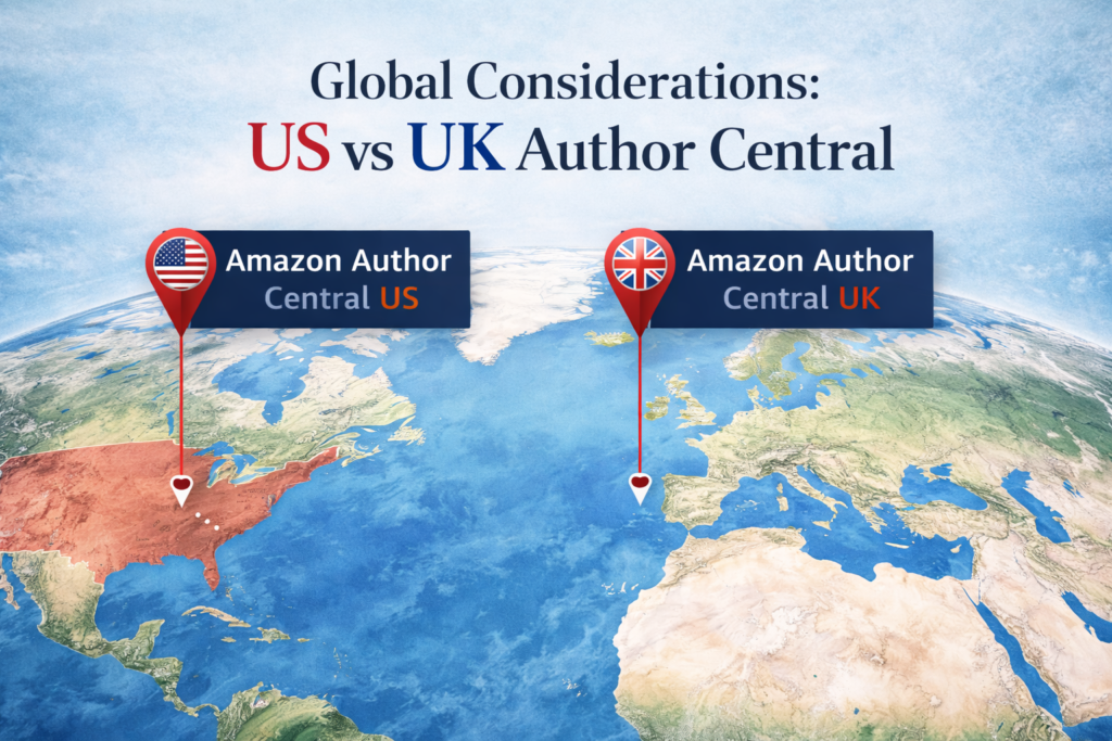 Global Considerations: US vs UK Author Central Image suggestion: A world map showing the UK and US, highlighting Amazon Author Central in each country. Purpose: Highlight the global reach and distinctions of the platforms in different regions.