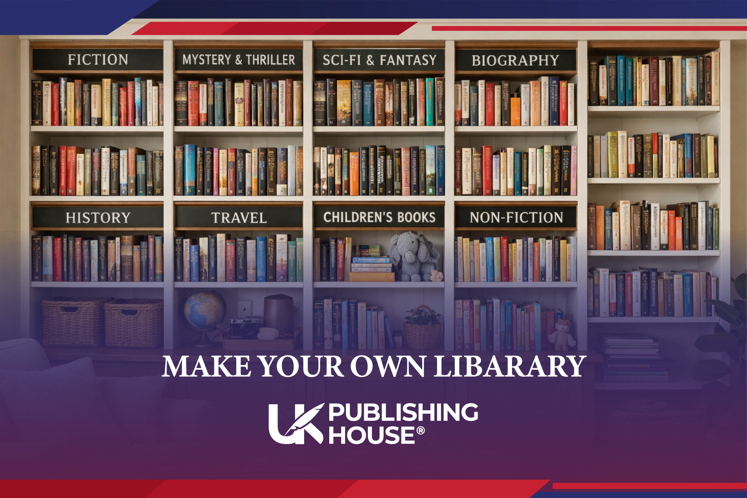 bookshelves with clear labels or genre sections